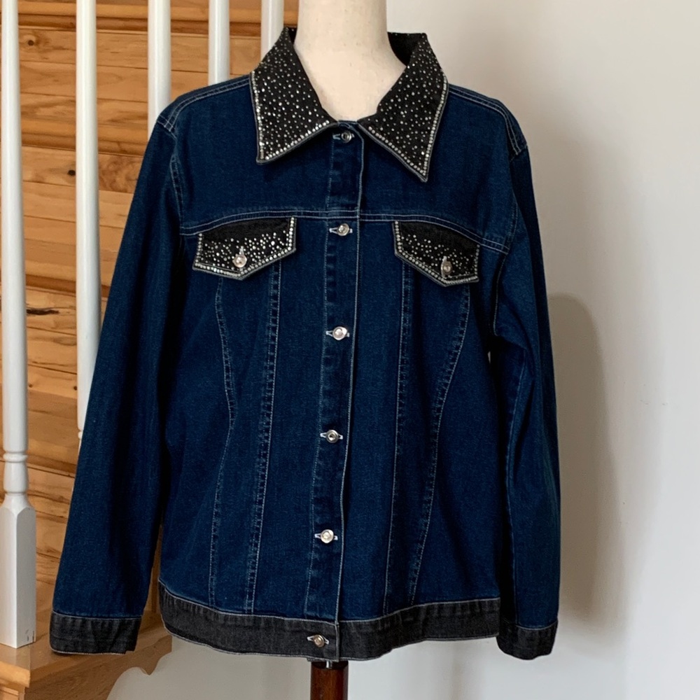 Vintage Y2K Glam Quacker Factory Jean Jacket with sequin-studded black trim